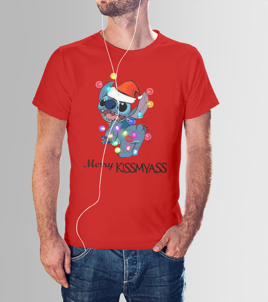 Merry Kissmyass Christmas Stitch Santa Hat Lights T-Shirt