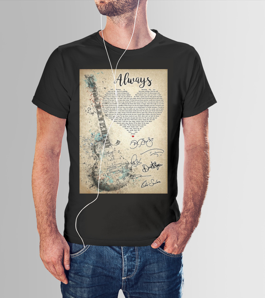 Always Bon Jovi Song Lyrics Guitar Art With Band Signatures T-Shirt