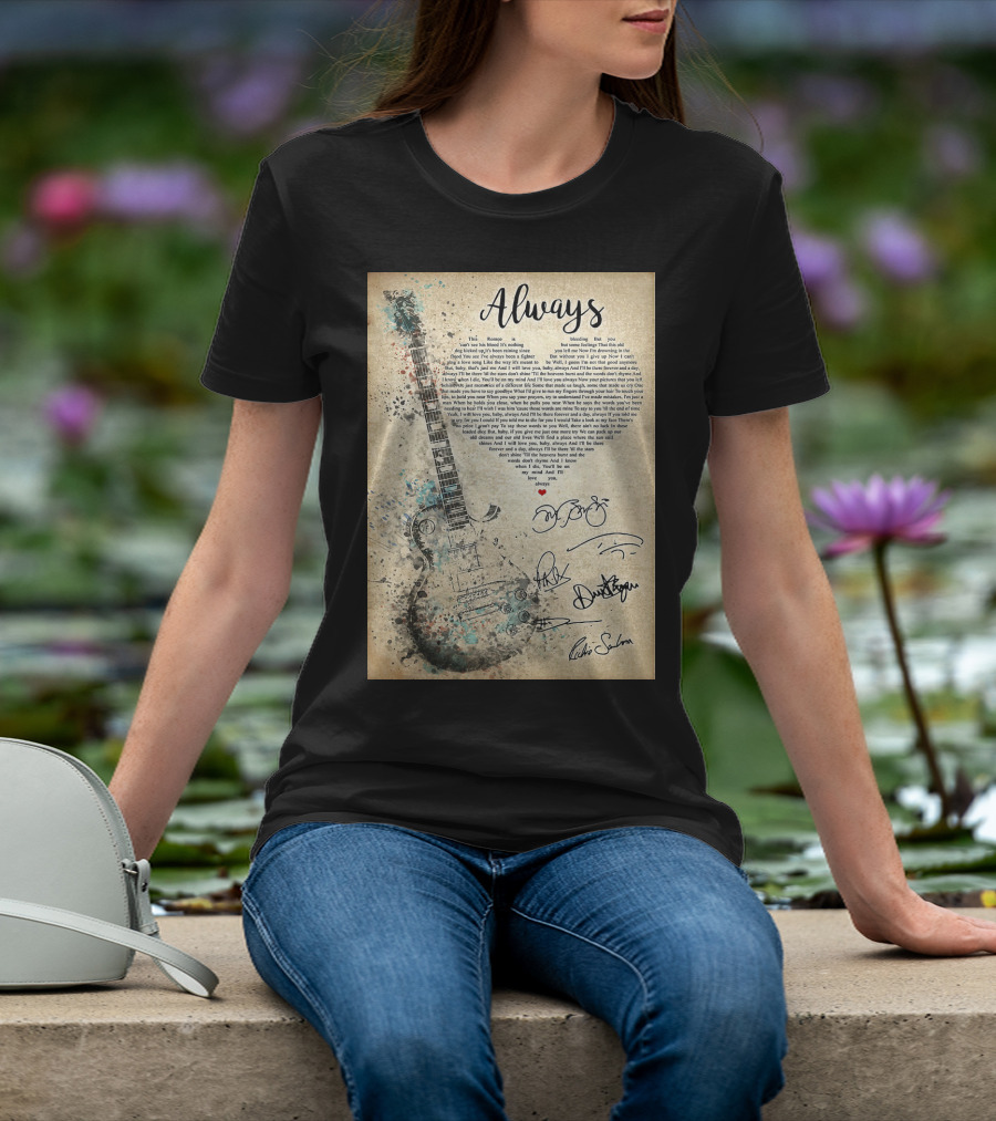 Always Bon Jovi Song Lyrics Guitar Art With Band Signatures T-Shirt