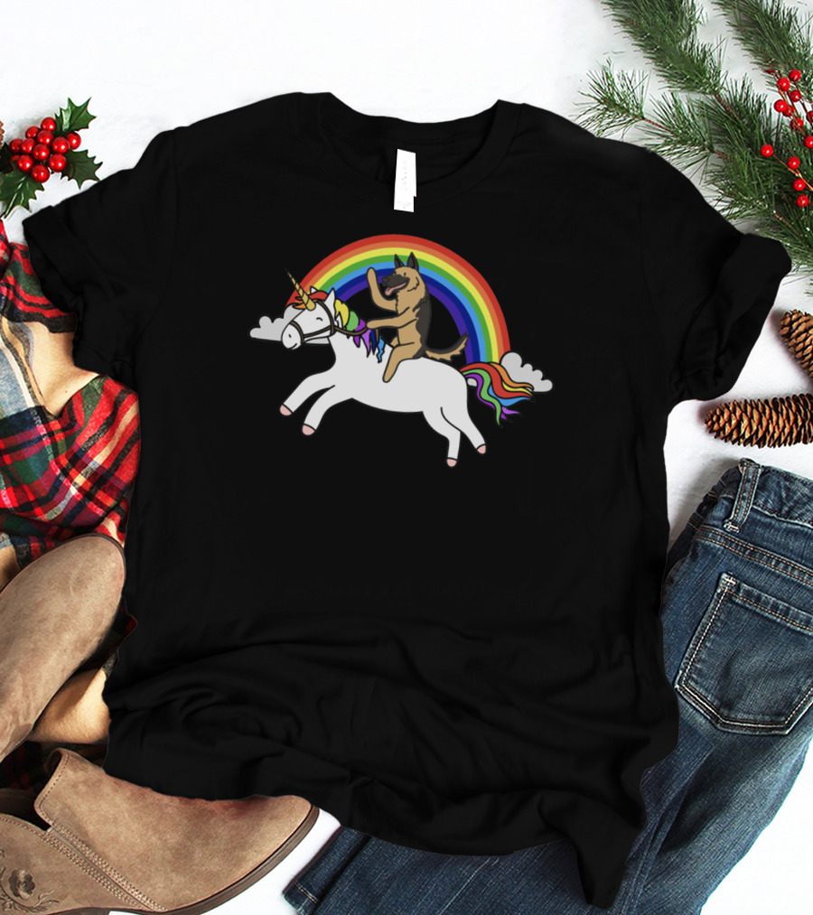 German Shepherd Joyfully Riding A Rainbow Unicorn With Clouds T-Shirt