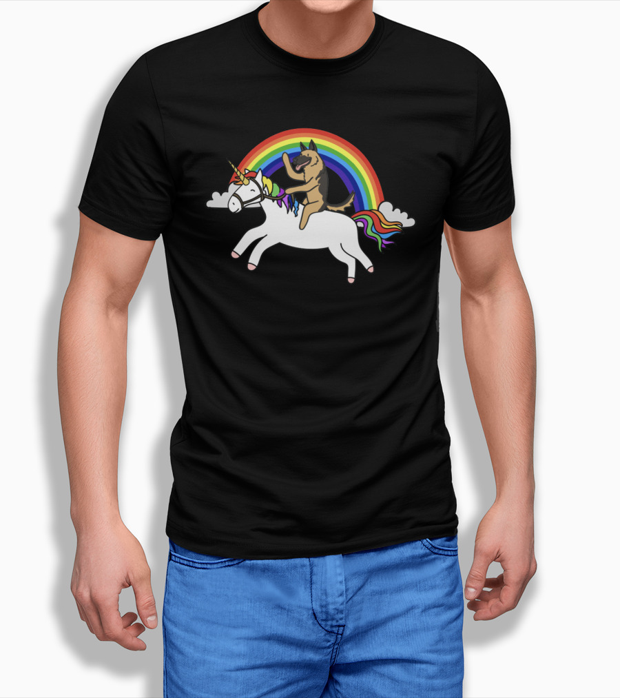 German Shepherd Joyfully Riding A Rainbow Unicorn With Clouds T-Shirt