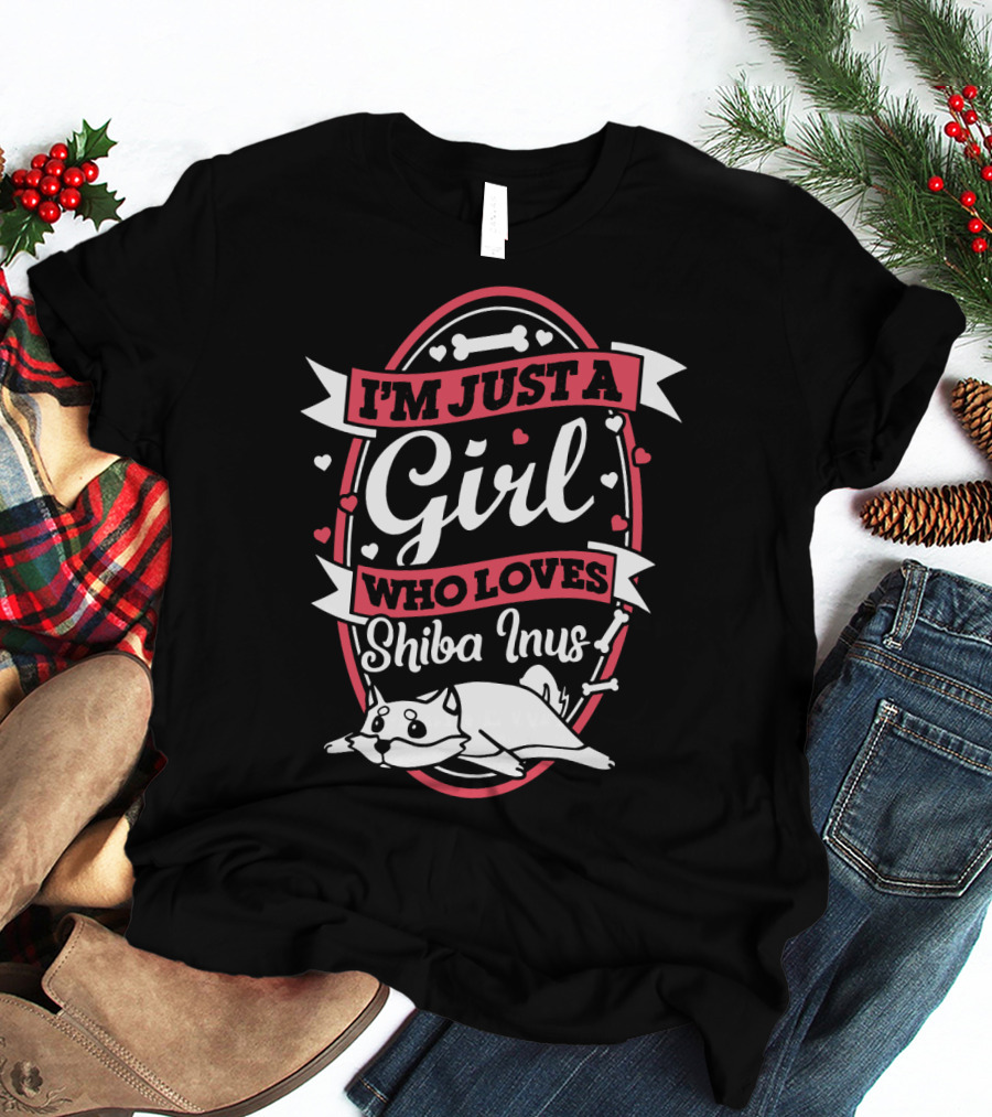 I'm Just A Girl Who Loves Shiba Inus With Cute Dog And Hearts T-Shirt