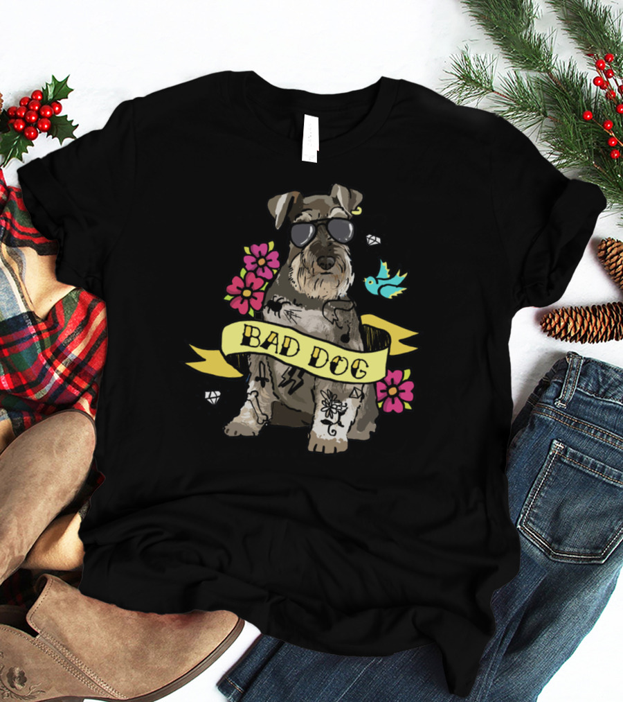 Schnauzer Bad Dog Tattoo Style With Flowers And Bird T-Shirt