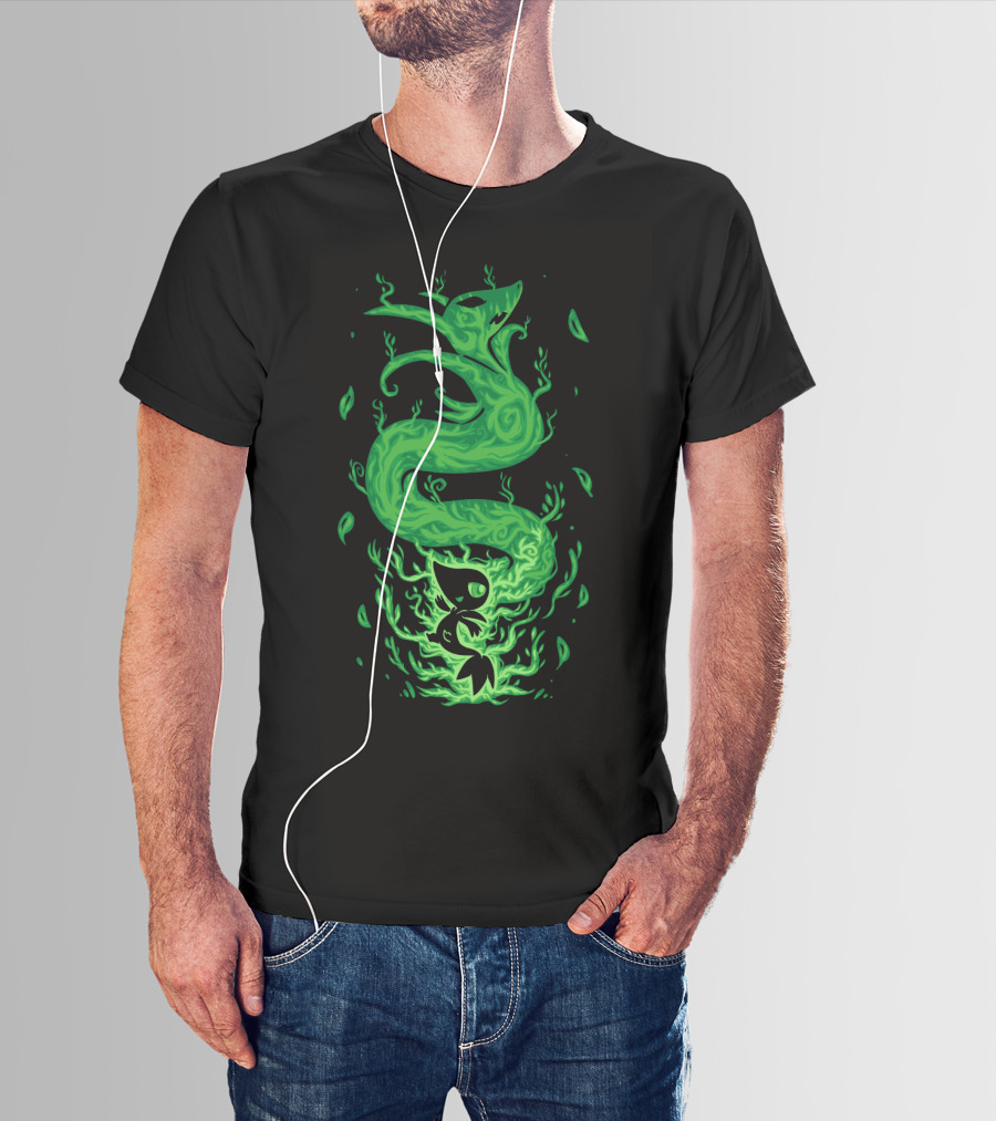 EVOLUTION POKEMON SERPERIOR COILED GREEN FLAMES WITH LEAVES T-Shirt