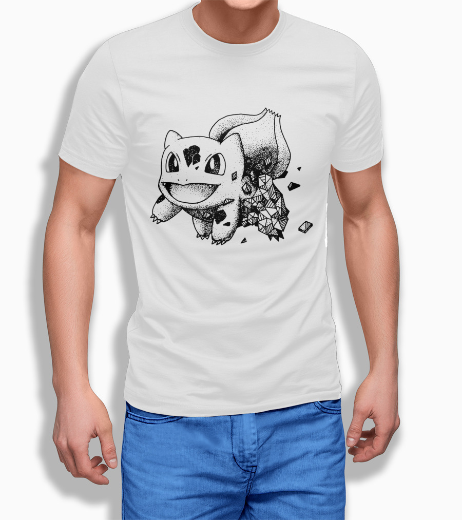 Geometric Pokemon Bulbasaur Pixel Art Style Black And White Pokedex Creature Digital Cubes T-Shirt