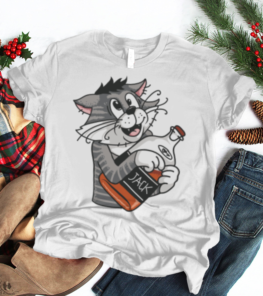 Jack Whiskey Cat Hugging Bottle Playful Striped Kitty Character T-Shirt