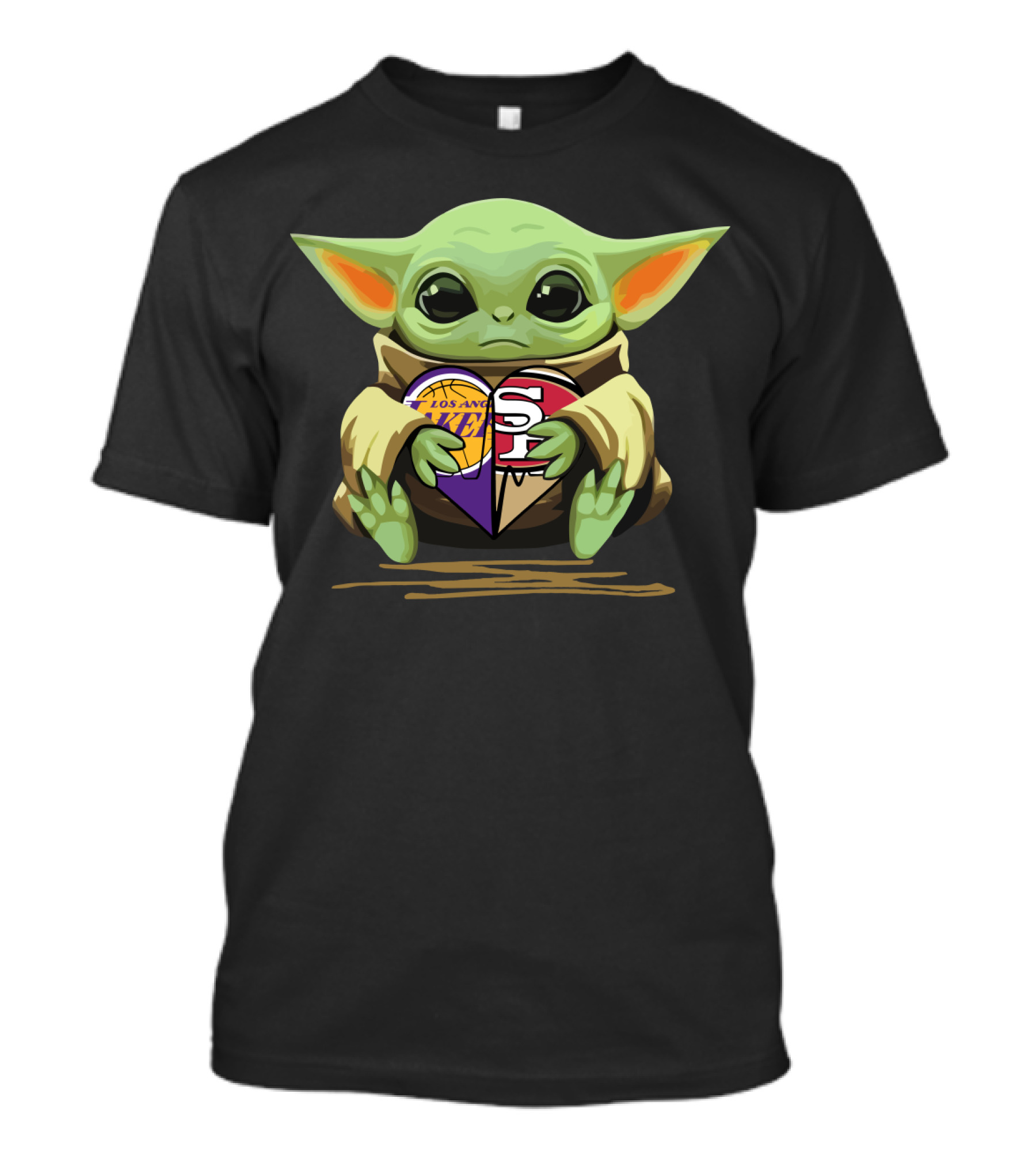 Baby Yoda Holding Los Angeles Lakers And San Francisco 49ers Logos T-Shirt
