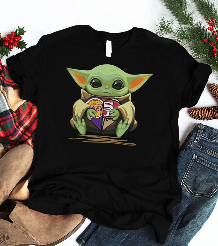 Baby Yoda Holding Los Angeles Lakers And San Francisco 49ers Logos T-Shirt