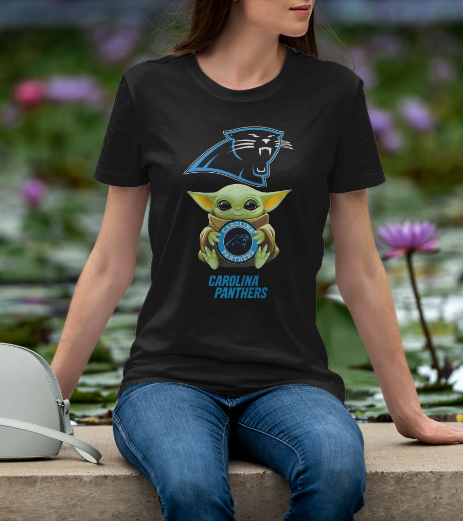 Baby Yoda Holding Carolina Panthers Emblem T-Shirt