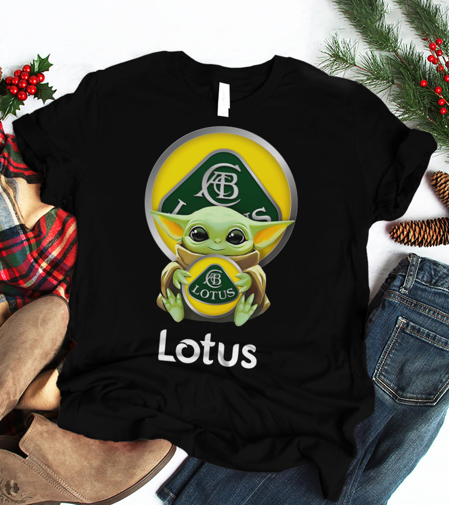 Star Wars Baby Yoda Hugging Lotus Car Logo On Black T-Shirt