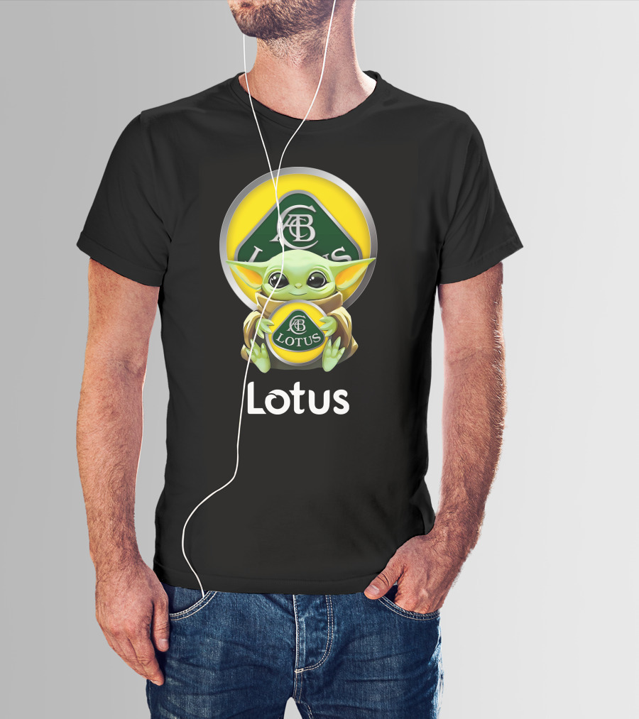 Star Wars Baby Yoda Hugging Lotus Car Logo On Black T-Shirt