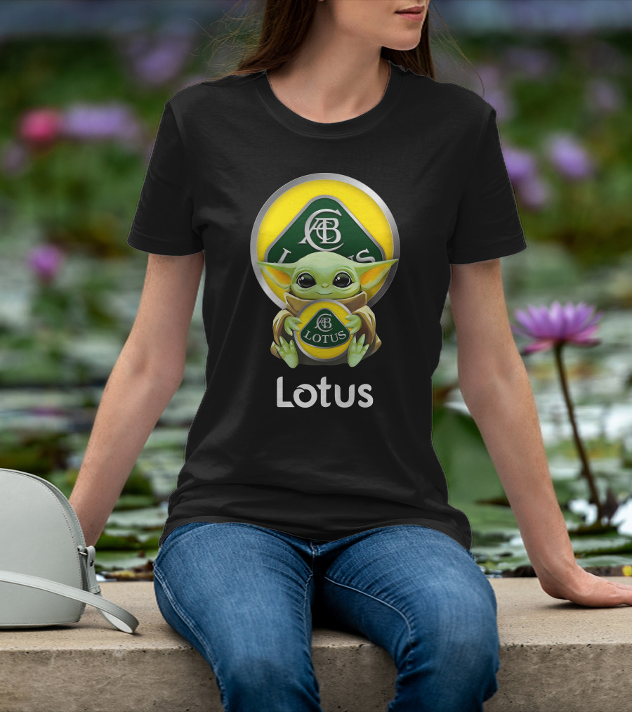 Star Wars Baby Yoda Hugging Lotus Car Logo On Black T-Shirt