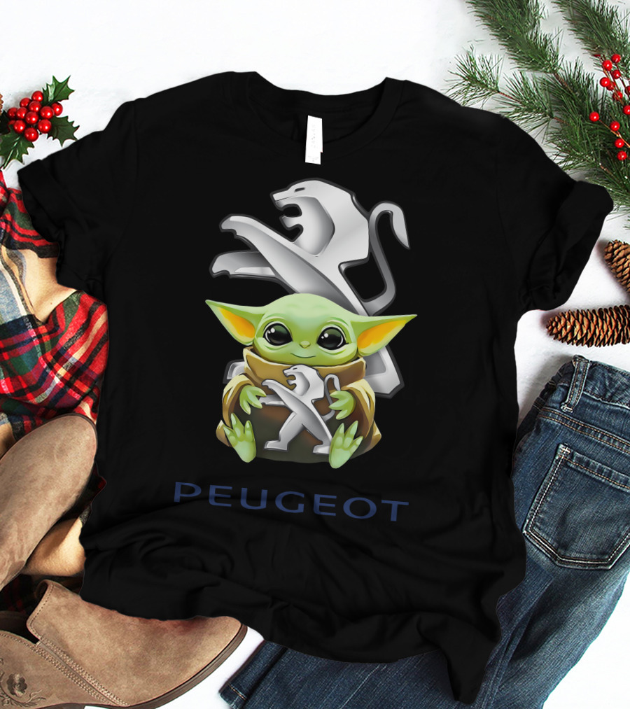 Baby Yoda Hugging Peugeot Lion Logo Star Wars Character T-Shirt