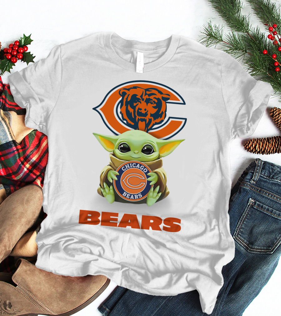 Baby Yoda Holding Chicago Bears Logo With Bears Text T-Shirt