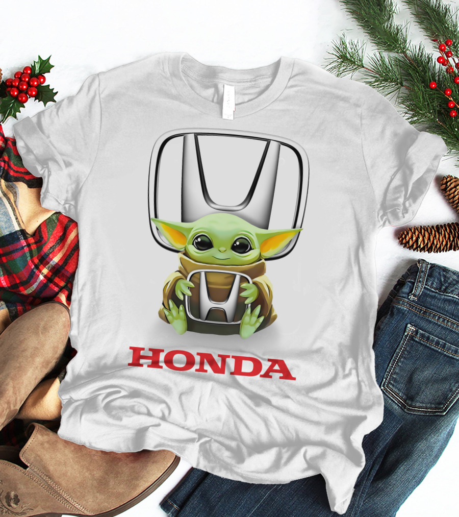 Baby Yoda Holding Honda Emblem White Background T-Shirt