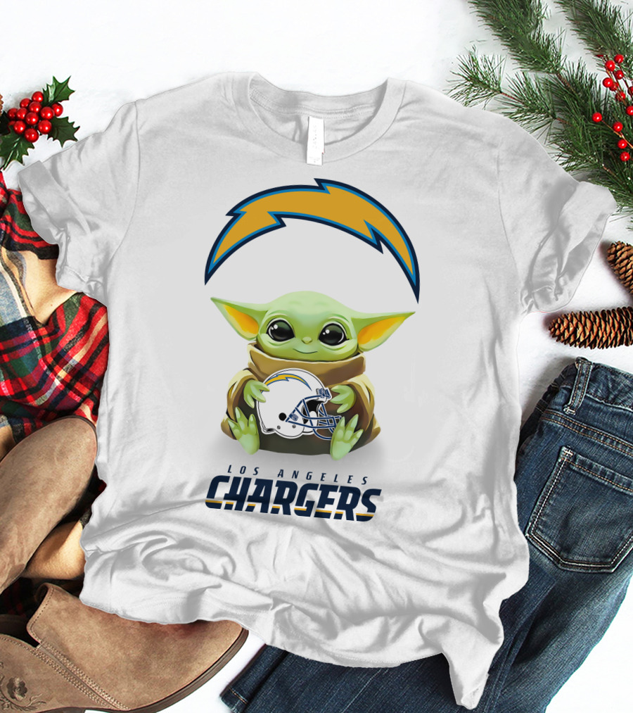 Baby Yoda Los Angeles Chargers Helmet Hug T-Shirt