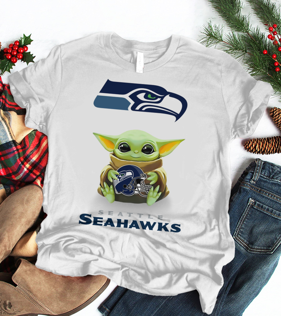Seattle Seahawks Baby Yoda Hugging Helmet T-Shirt