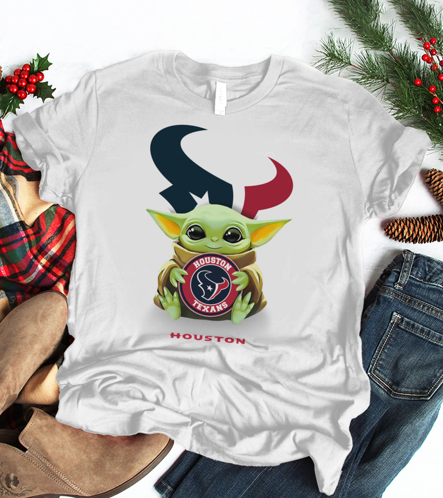 Star Wars Baby Yoda Holding Houston Texans Emblem With Houston Text T-Shirt