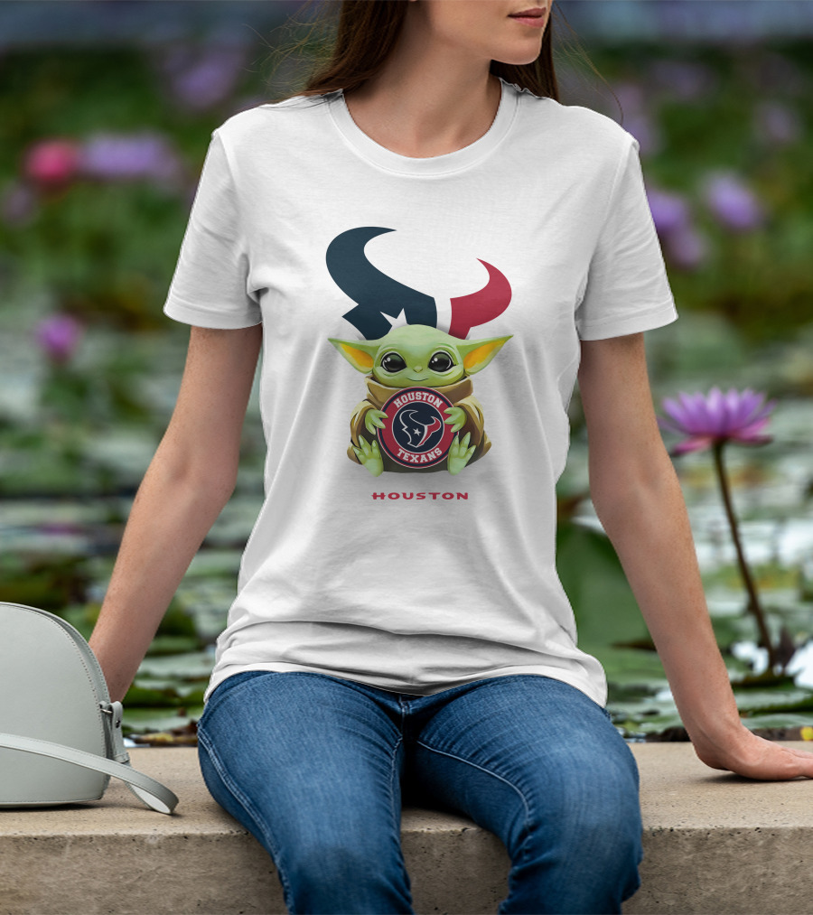 Star Wars Baby Yoda Holding Houston Texans Emblem With Houston Text T-Shirt