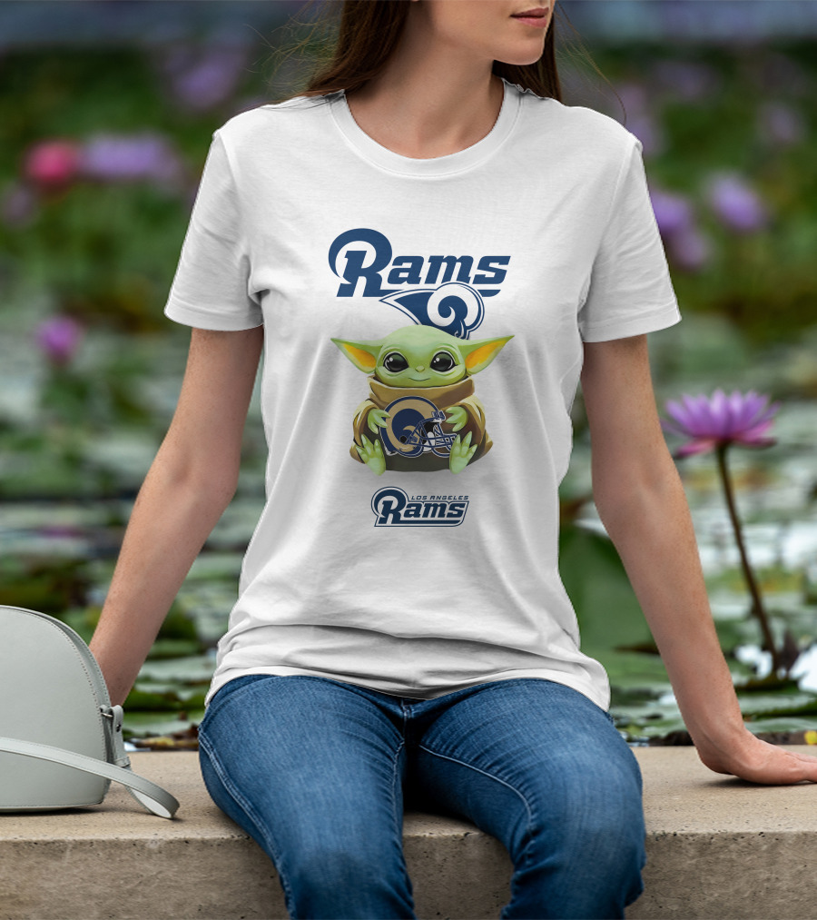 Rams Star Wars Baby Yoda Los Angeles Rams Helmet Hug T-Shirt