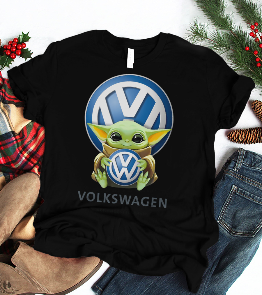 Grogu Holding Volkswagen Logo With Volkswagen Aktiengesellschaft Text T-Shirt