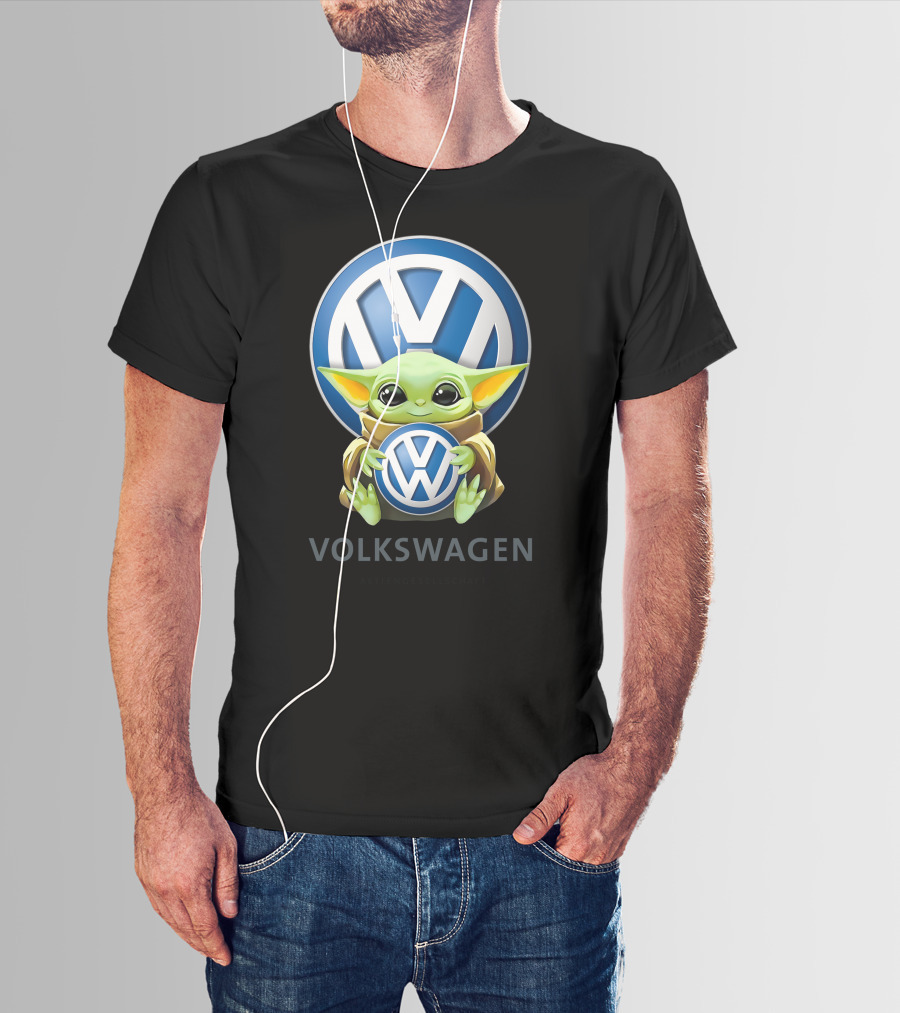 Grogu Holding Volkswagen Logo With Volkswagen Aktiengesellschaft Text T-Shirt