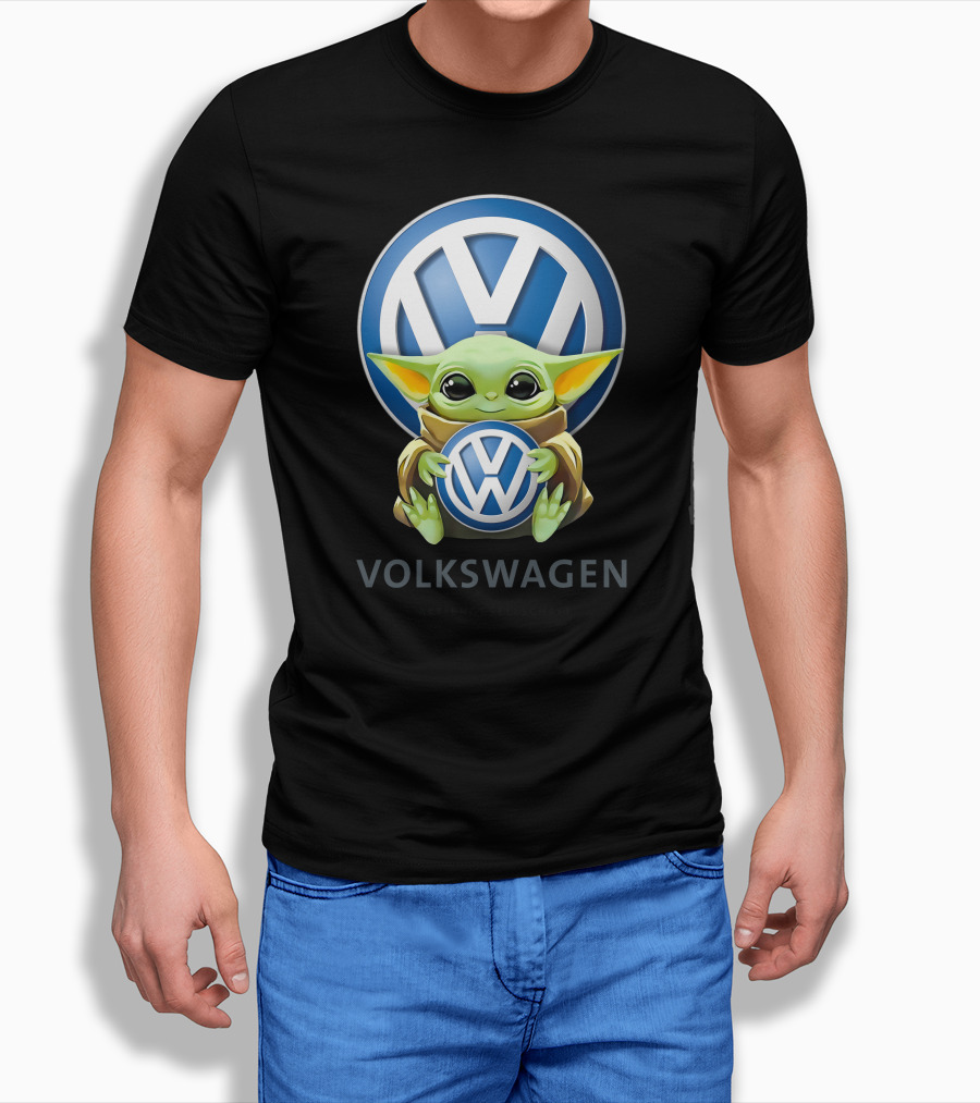Grogu Holding Volkswagen Logo With Volkswagen Aktiengesellschaft Text T-Shirt