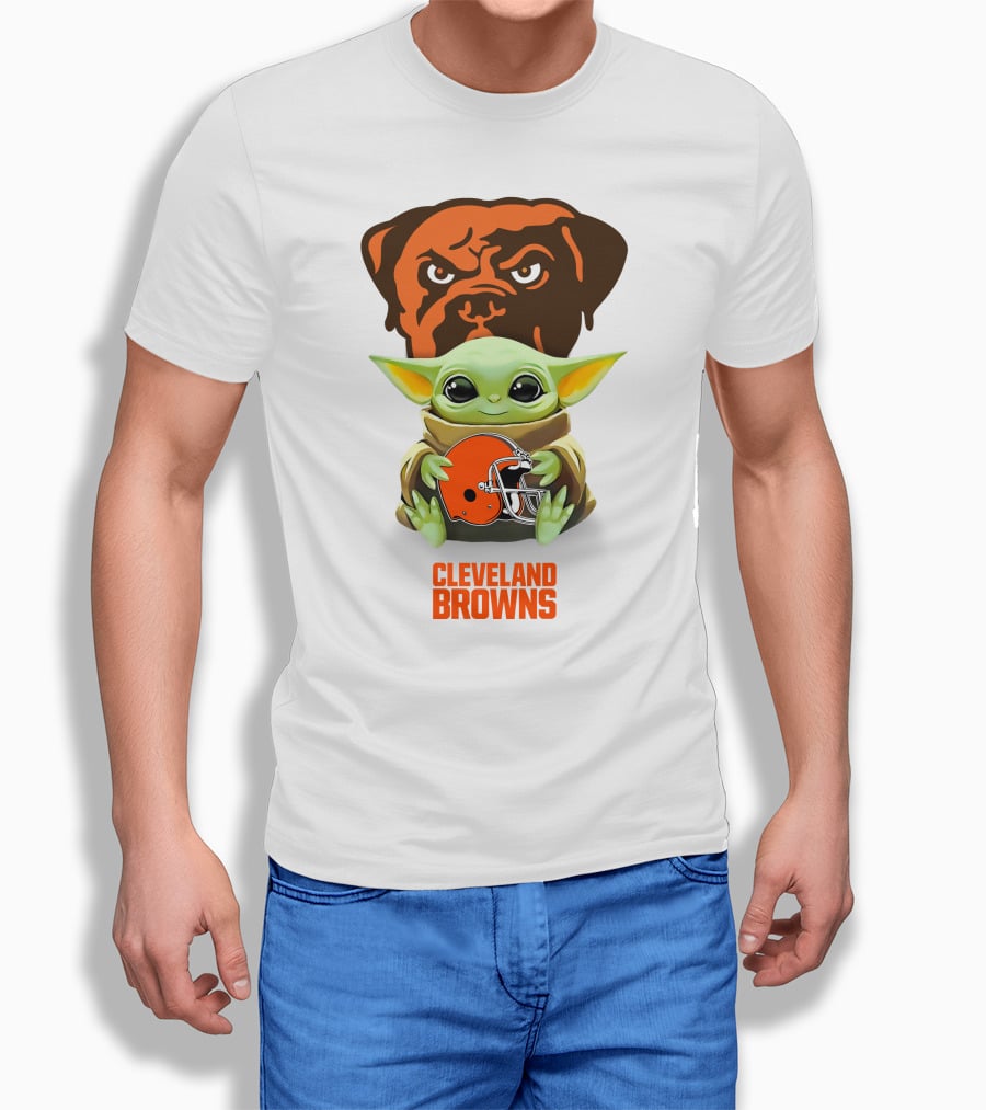 Grogu Holding Cleveland Browns Helmet with Brown Dog T-Shirt