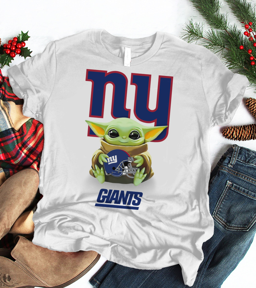 Grogu NY Giants Helmet Hug With Giants Text T-Shirt
