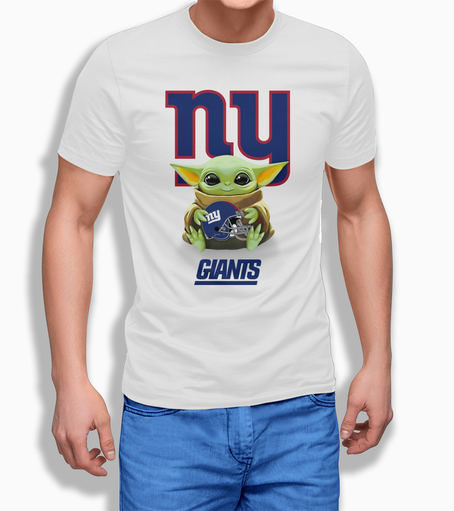 Grogu NY Giants Helmet Hug With Giants Text T-Shirt