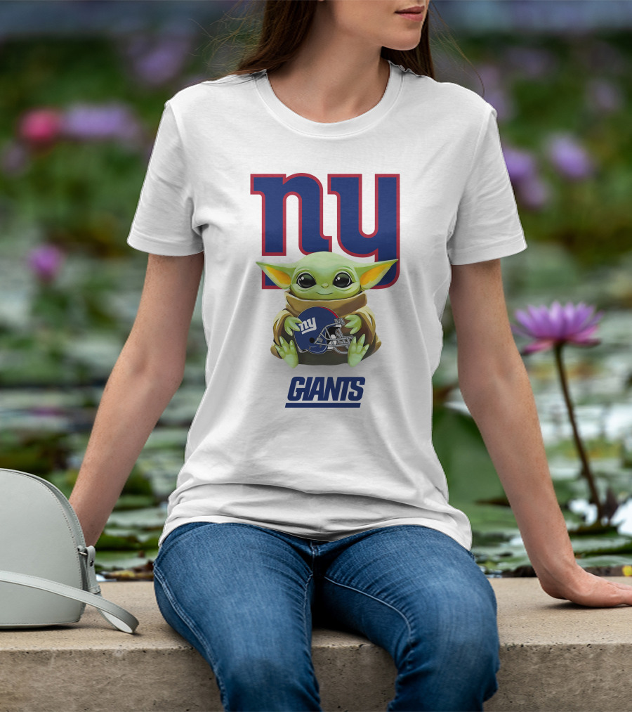 Grogu NY Giants Helmet Hug With Giants Text T-Shirt