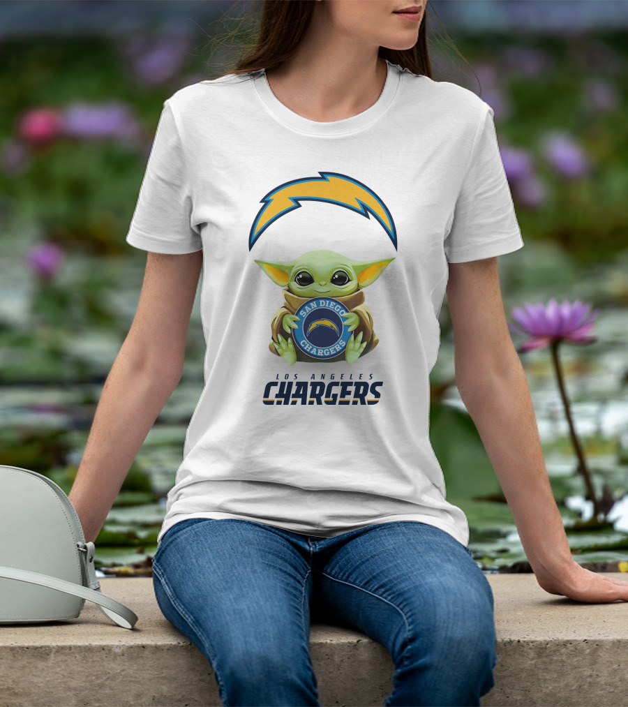 Grogu Holding San Diego Chargers Emblem With Los Angeles Chargers T-Shirt