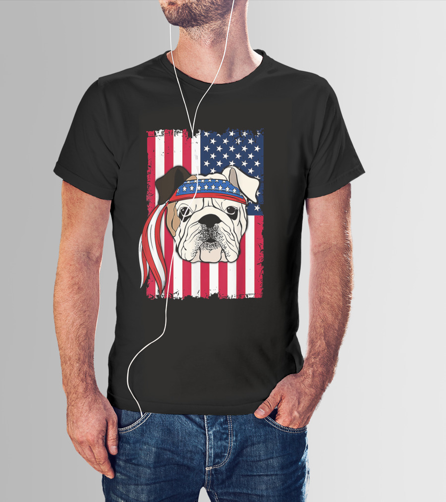 Patriotic Bulldog Wearing Bandana With American Flag Background T-Shirt