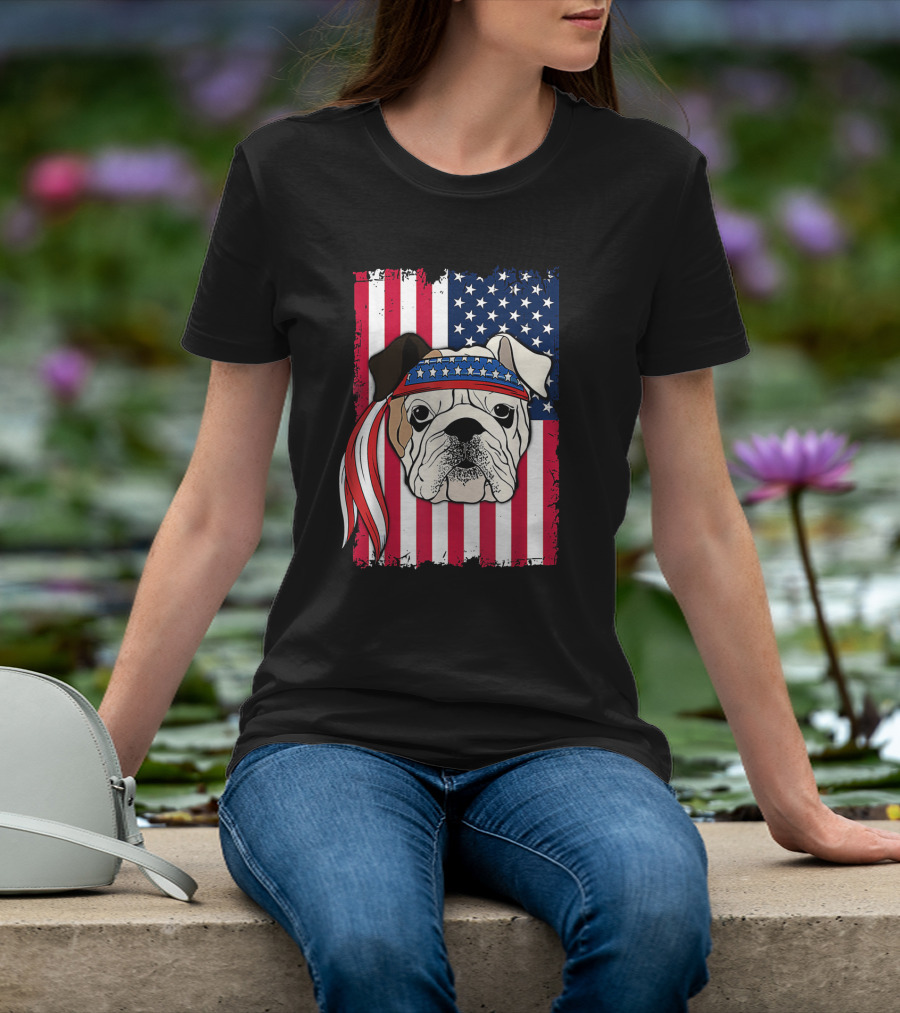Patriotic Bulldog Wearing Bandana With American Flag Background T-Shirt