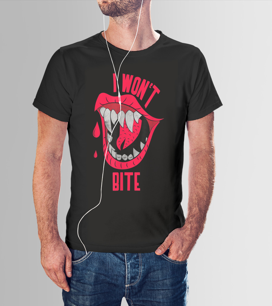 I Won't Bite Halloween Red Lips With Fangs And Blood Drops Scary Appeal T-Shirt