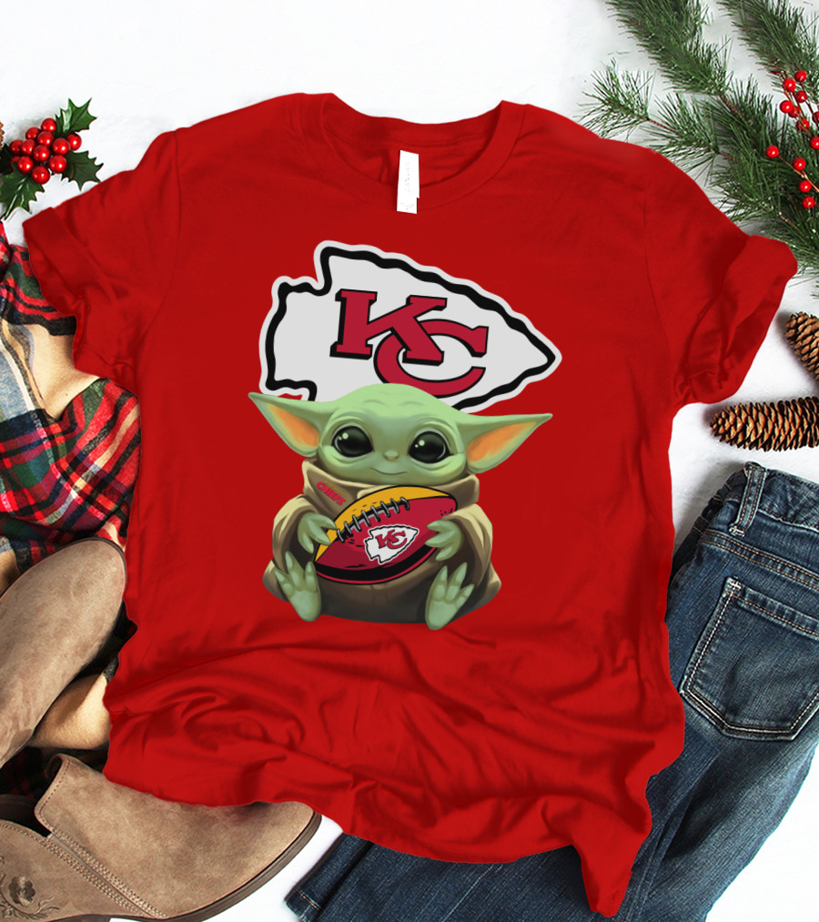 Babyyoda Holding Kansas City Chiefs Football T-Shirt