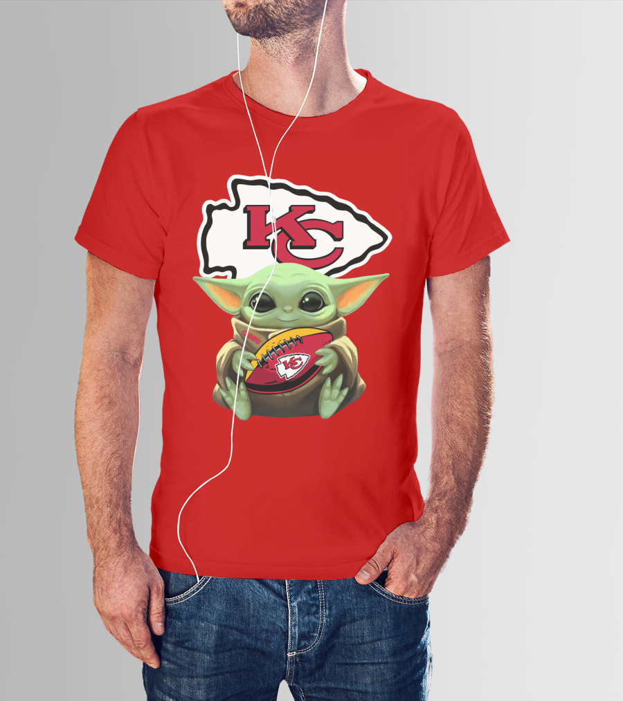 Babyyoda Holding Kansas City Chiefs Football T-Shirt