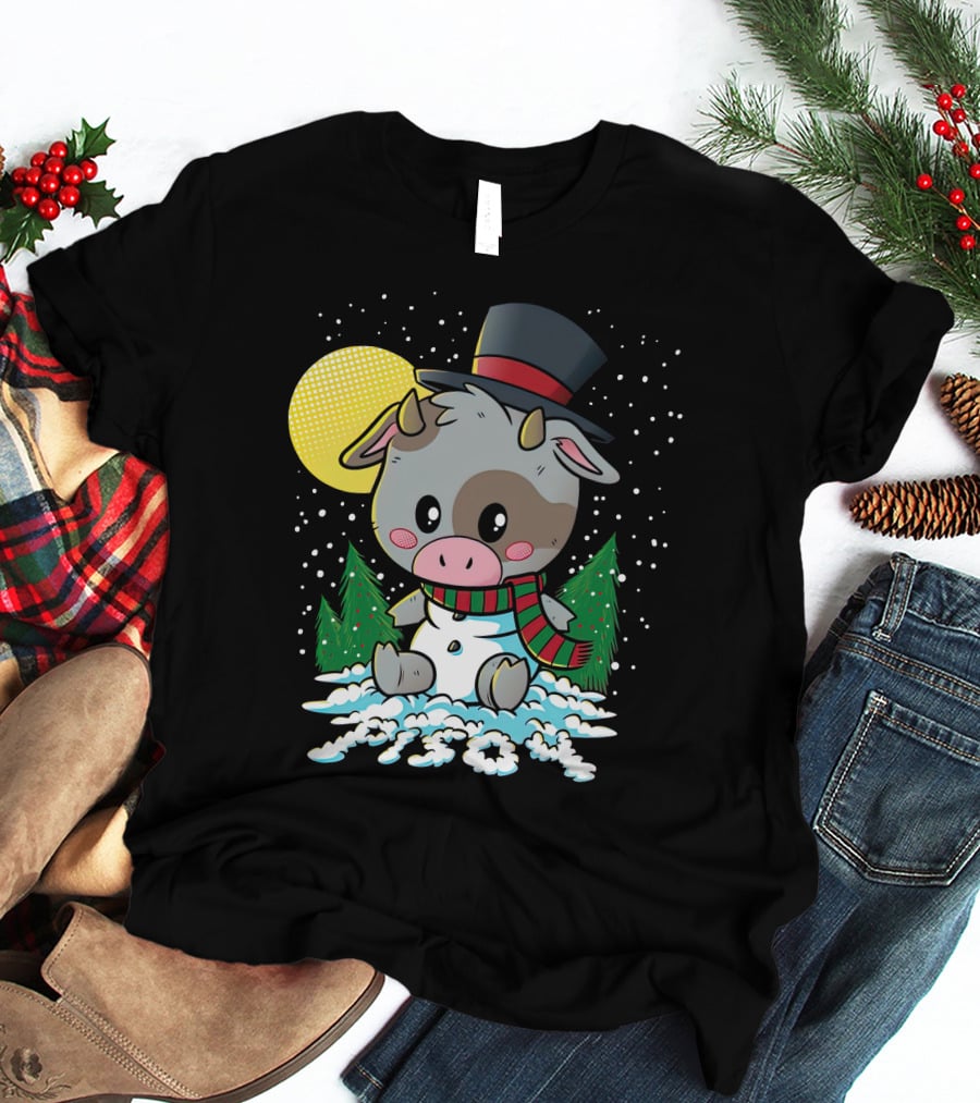 Piso4 Cute Cow In Snow With Top Hat And Scarf Winter Scene T-Shirt