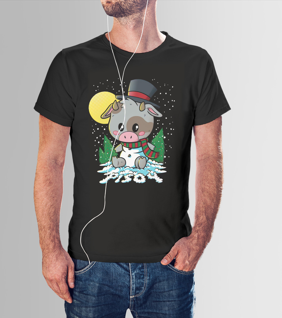 Piso4 Cute Cow In Snow With Top Hat And Scarf Winter Scene T-Shirt