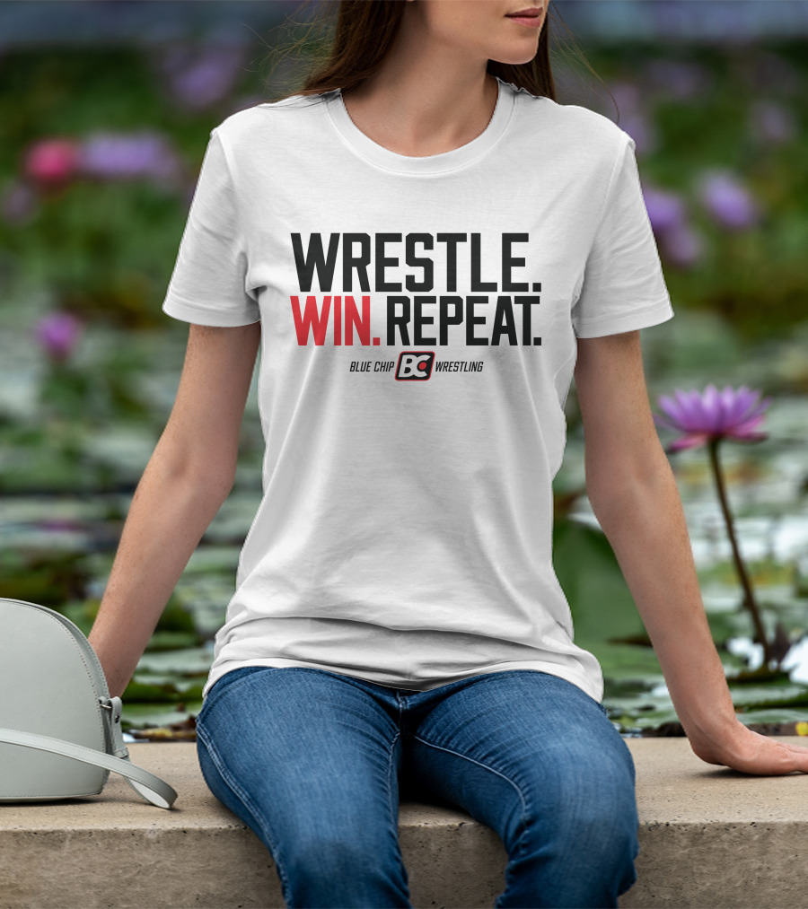 Wrestle Win Repeat Blue Chip BC Wrestling T-Shirt