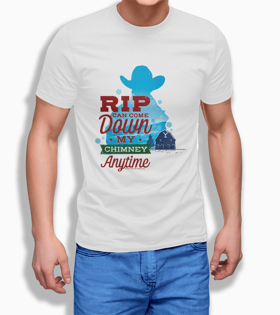Rip Can Come Down My Chimney Anytime Blue Cowboy Silhouette Snowflakes Barn T-Shirt
