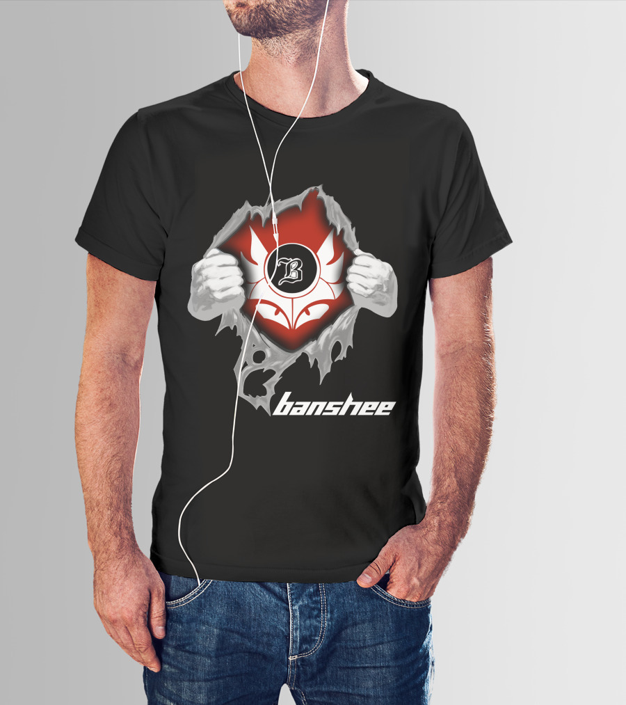 Banshee Ripped Logo With Winged Emblem And Bold Letter B On Dark T-Shirt