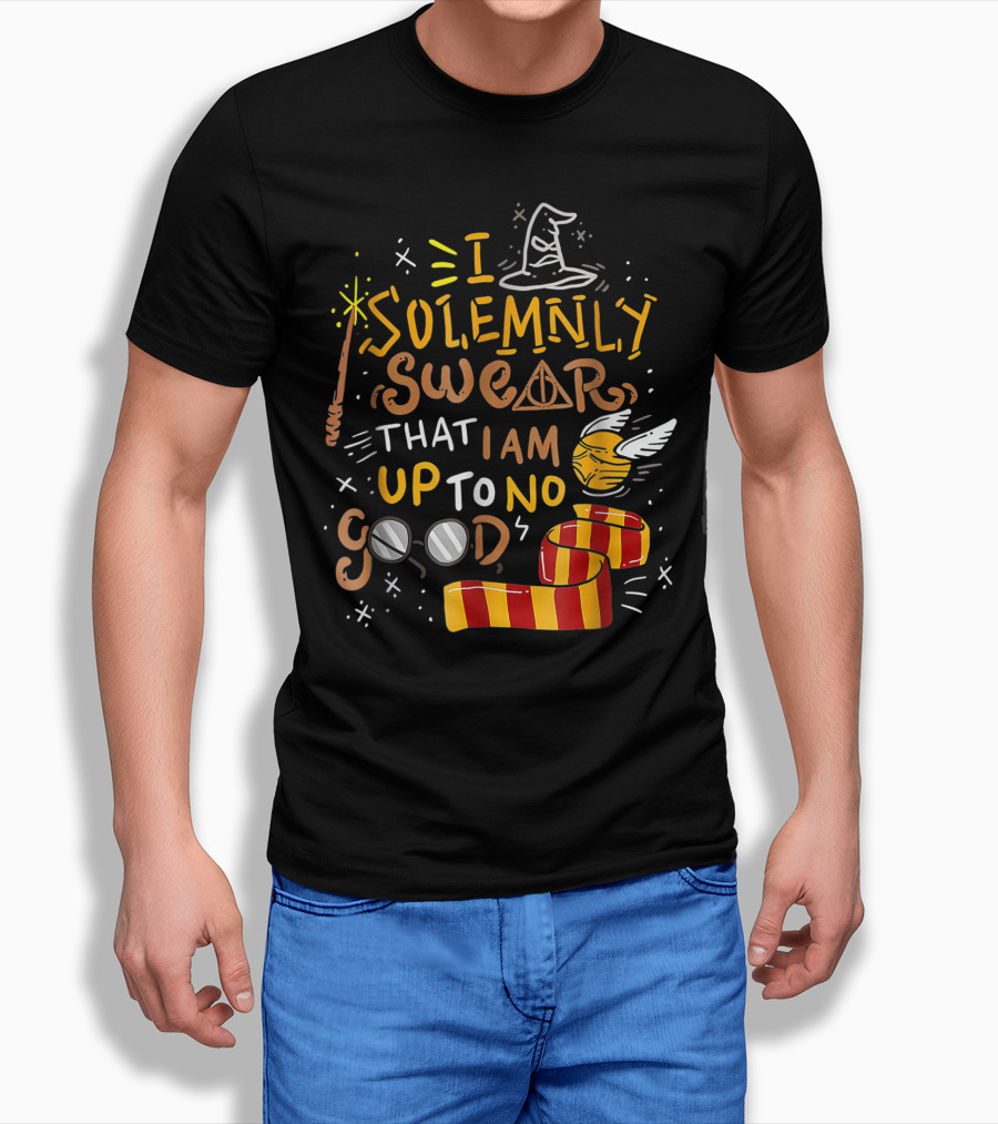 I Solemnly Swear That I Am Up To No Good Wizard Hat Wand Golden Snitch Scarf Glasses T-Shirt