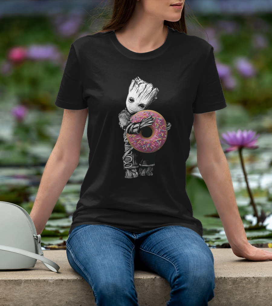 Donut Tree Character Hugging Pink Sprinkle Doughnut T-Shirt
