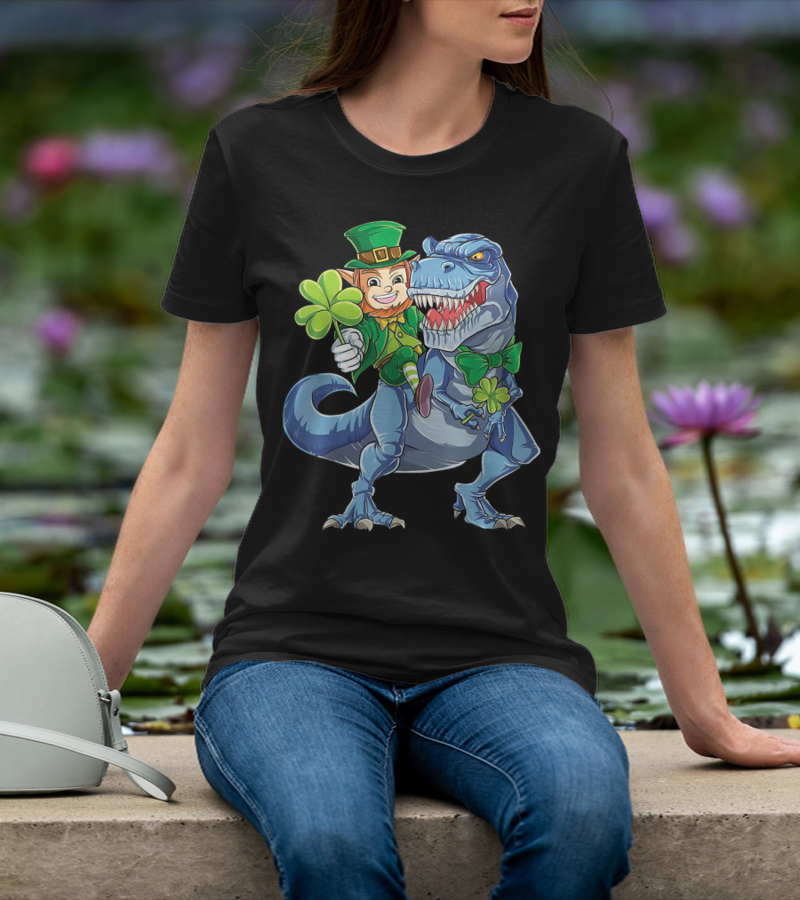Leprechaun With Shamrock And Bowtie Riding T-Rex Dinosaur T-Shirt