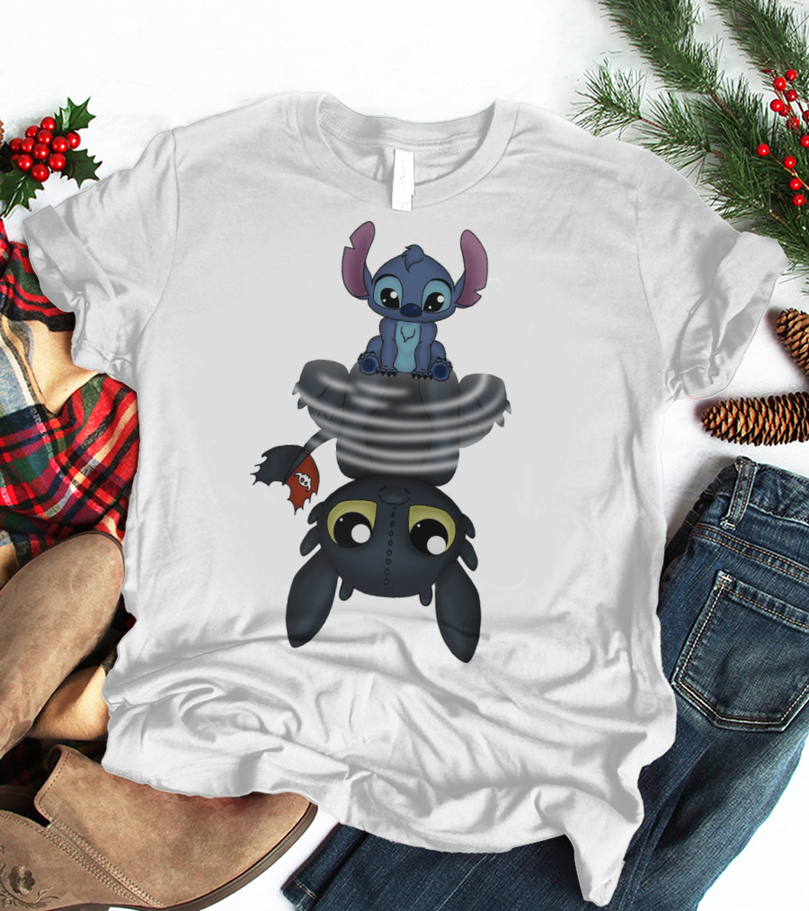 Stitch Sitting On Toothless Animation Crossover T-Shirt