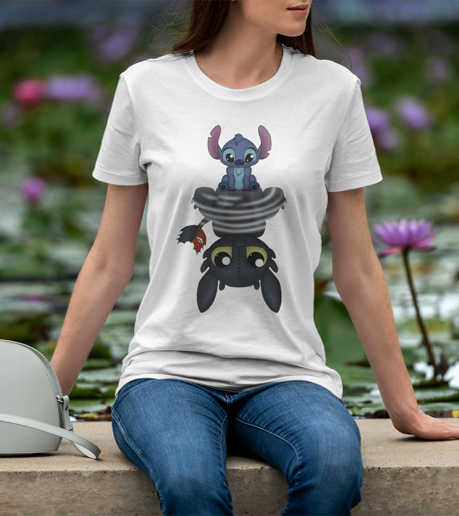Stitch Sitting On Toothless Animation Crossover T-Shirt
