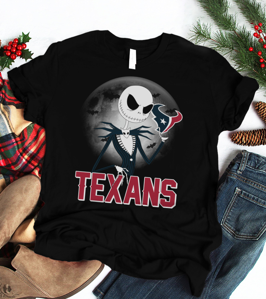 Jack Skellington Holding Houston Texans Logo With Moon And Bats T-Shirt