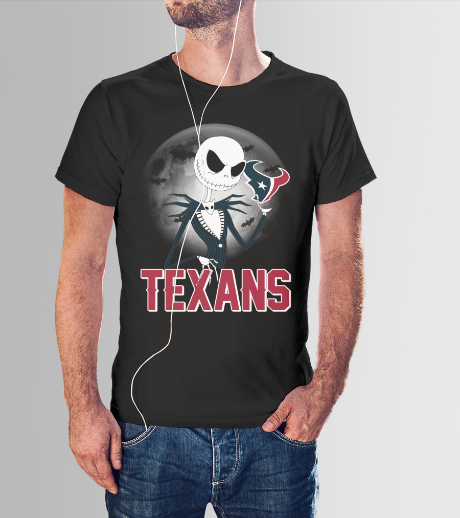 Jack Skellington Holding Houston Texans Logo With Moon And Bats T-Shirt