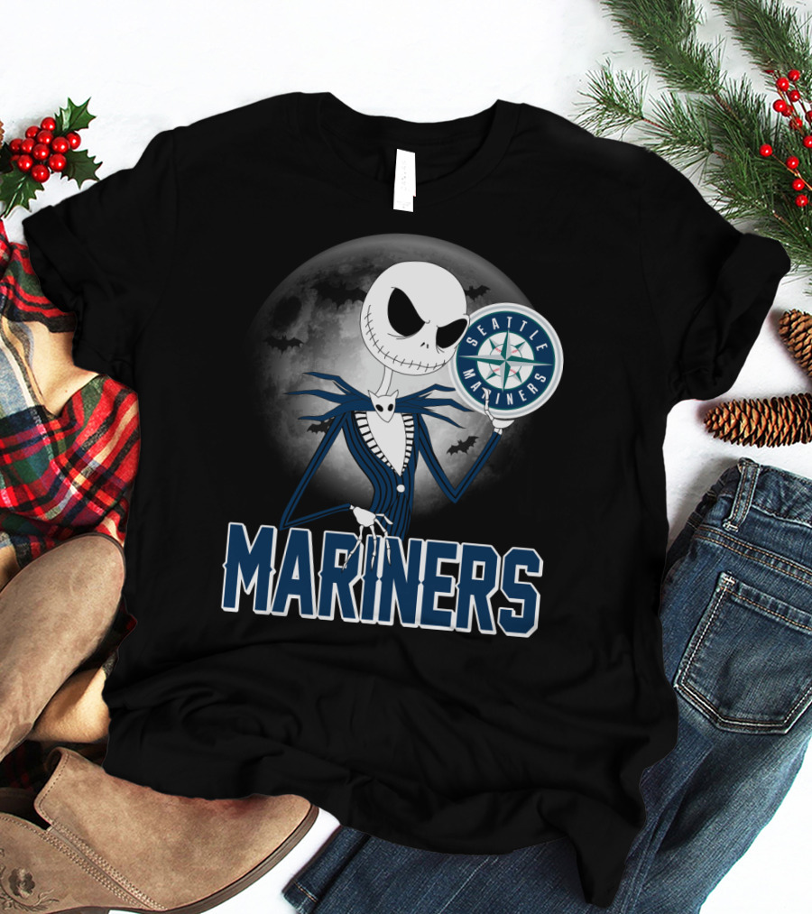Seattle Mariners Jack Skellington Halloween Moon T-Shirt
